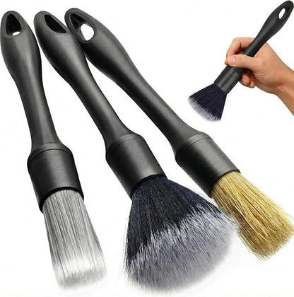 Premium Car Detailing Brush Set - Professional 3 Pack Kit Detail Brushes with Soft Boars Hair Bristles for Auto Interior & Exterior - for Cleaning Leather Seats, Air Vents, Wheels & Emblems