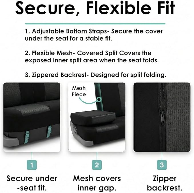 FH Group Universal Car Seat Covers Rear Set for SUV Truck Sedan Vans | 3D Textured Breathable Fabric Seat Cover Set with Airbag Compatible Split Bench Protector Interior Upgrade - Black
