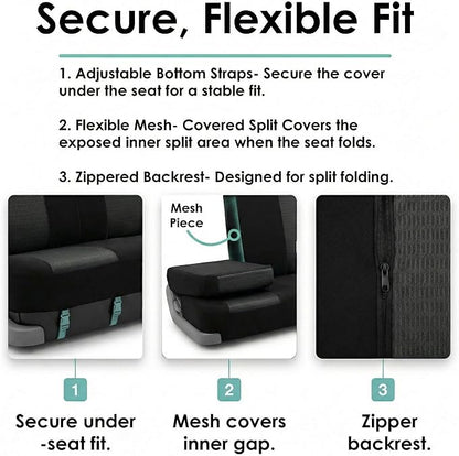 FH Group Universal Car Seat Covers Rear Set for SUV Truck Sedan Vans | 3D Textured Breathable Fabric Seat Cover Set with Airbag Compatible Split Bench Protector Interior Upgrade - Black