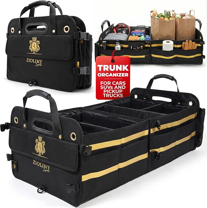 Zioliny Car Trunk Organizer for SUV Large Trunk Storage with Removable Dividers, Heavy Duty Oxford Cargo Holder, Non-Slip Base, Collapsible Storage Box for SUV, Sedan, Truck