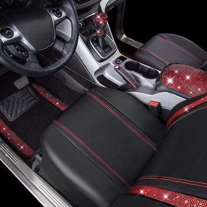 CAR PASS Rhinestone Red Bling Diamond Car Seat Covers Leather Black & Shining Car Floor mats Carpet with Anti-Slip Nibs& Bling Diamond Car Accessories Sets Glitter Sparkly Universal fit for 95% car