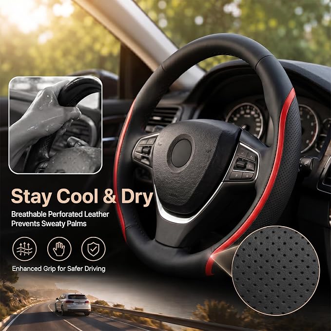 Steering Wheel Cover Black Red, Carbon Fiber Car Steering Wheel Covers with Coasters Universal 14.5-15 inch Leather Microfiber Breathable Anti-Slip Steering Wheel Accessories Set