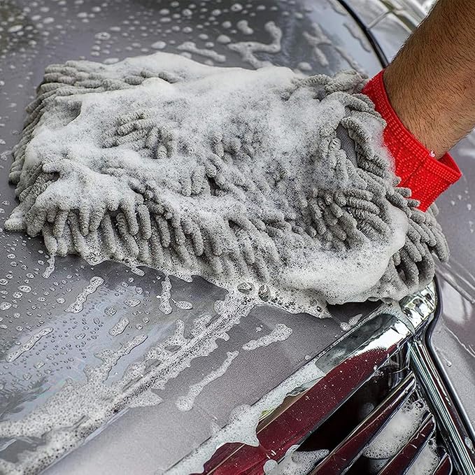 2 Pack Chenille Microfiber Car Wash Mitt Scratch-Free Lint-Free Double Sided Ultra-Soft Absorbent, Swirl-Free Finish for Car Washing & Detailing, Compatible with Cars Trucks SUVs Motorcycles