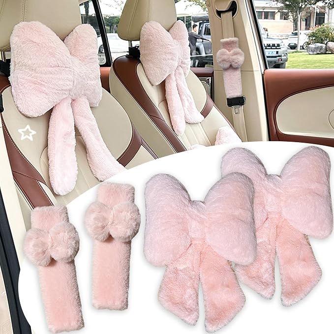Car Neck Pillow 2PCS Plush Bowknot Car Headrest Pillow – Comfortable Neck Support for Driving Soft Touch Fabric Car Pillow Cute Interior Decor (Pink Set 4 Pcs)