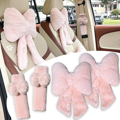 Car Neck Pillow 2PCS Plush Bowknot Car Headrest Pillow – Comfortable Neck Support for Driving Soft Touch Fabric Car Pillow Cute Interior Decor (Pink Set 4 Pcs)