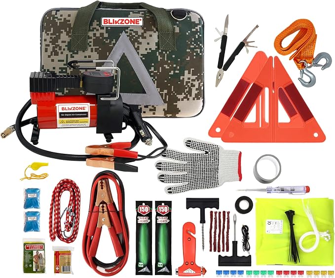BLIKZONE Camo Car Emergency Kit for Vehicles Road Trip, with All The Essentials as Flat Tire Repair, Jumper Cables, Digital Air Compressor, Multitool and All The Car Safety Accessories