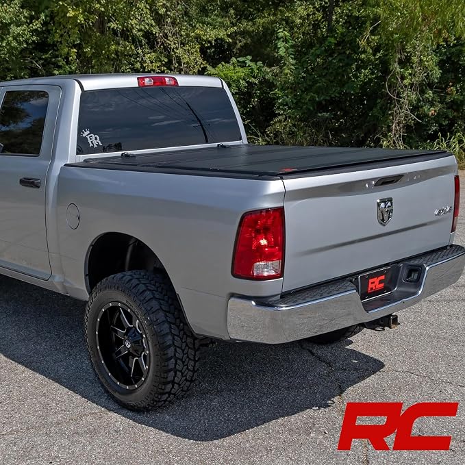 Rough Country Hard Flip Up Truck Bed Tonneau Cover for Dodge Ram 1500 (2009-2018) & 2500 (2010-2025) - Aluminum Tri-Fold Bed Cover, Fits 6'4 (76.3") Bed