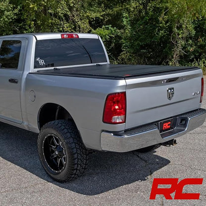 Rough Country Hard Flip Up Truck Bed Tonneau Cover for Dodge Ram 1500 (2009-2018) & 2500 (2010-2025) - Aluminum Tri-Fold Bed Cover, Fits 6'4 (76.3") Bed