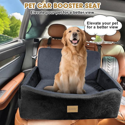 Dog Car Seat for Large Medium Sized Dogs Under 55 lbs, Dog Booster Seat for 2 Small Dogs with Detachable Washable Cover and Cushion, Memory Foam Pet Car Seat with 2 Safety Belts and Storage Pockets
