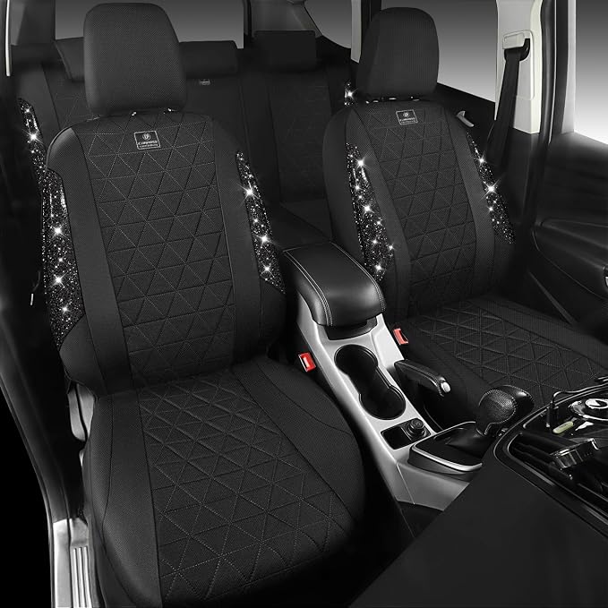 CAR PASS Oxford Bling Diamond Car Seat Covers Full Set Interior Sets, Waterproof Shining Glitter Sparkly Crystal Universal Armrest Fit 95% Automotive Truck SUV Cute Women Girl, All Black Rhinestone