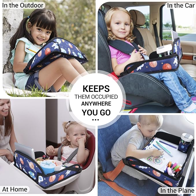 COOLBEBE Kids Travel Tray for Toddler Car Seat, Travel Tray for Airplane, Lap Tray with Storage, Portable Carseat Table Tray for Kids, Blue Space