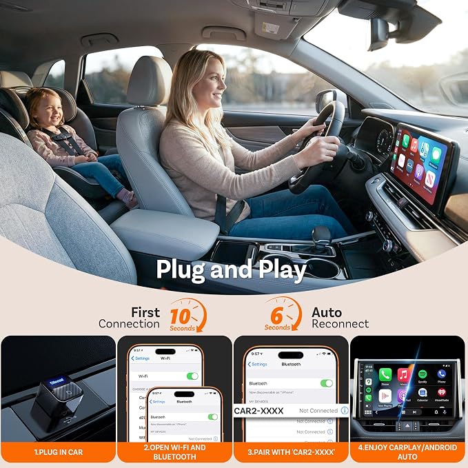 Ottocast Mini Core 2026, 2-in-1 Wireless CarPlay Adapter & Android Auto Adapter – Auto-Switch, Plug & Play, WiFi 6, Fast Reconnect, Mini & Stable