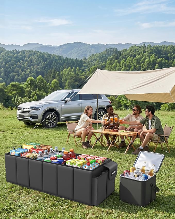 HOTOR Trunk Organizer for Car & SUV, Sturdy Car Organizer with Removable Cooler, Large Foldable Trunk Organizer with Cooler, 6 Compartments, Adjustable Straps, Black, 34.8”×15.9“×11.6”