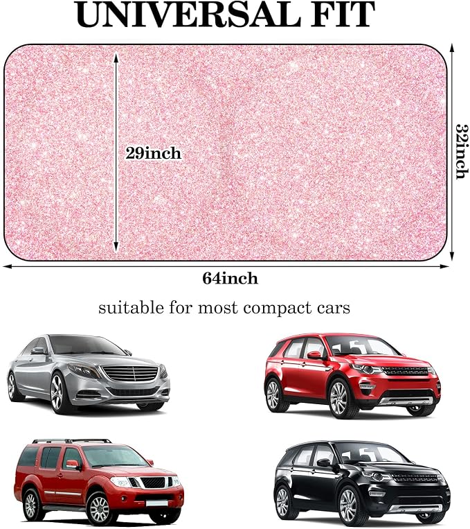 Windshield Sun Shade Foldable Car Front Window Covers for Car Accessories Sun Heat UV Rays Visor Protector Protection for Universal Cars SUV Truck(Pink Sequins)