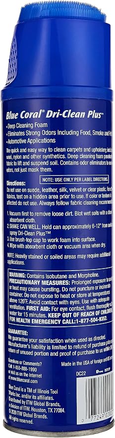 Blue Coral DC22 Upholstery Cleaner Dri-Clean Plus with Odor Eliminator, 22.8 oz. Aerosol