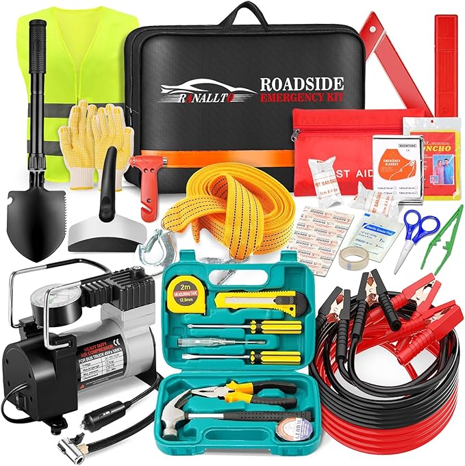 Car Emergency Roadside Kit,Vehicles Truck Road Side Safety Tool Kit with Air Compressor,Women Men Auto Winter Essentials Assistance Survival Kit with Jumper Cables First Aid Kit Blanket Shovel