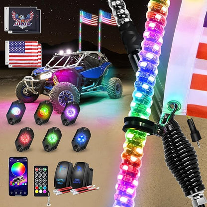Nilight 2PCS 4FT RGB LED Whip Light with Spring Base and 6 PCS Rock Lights Combo, Remote App Control w/DIY Chasing Patterns Turn Signal Brake Reverse Antenna Lighted Whips for ATV UTV Polaris RZR Jeep