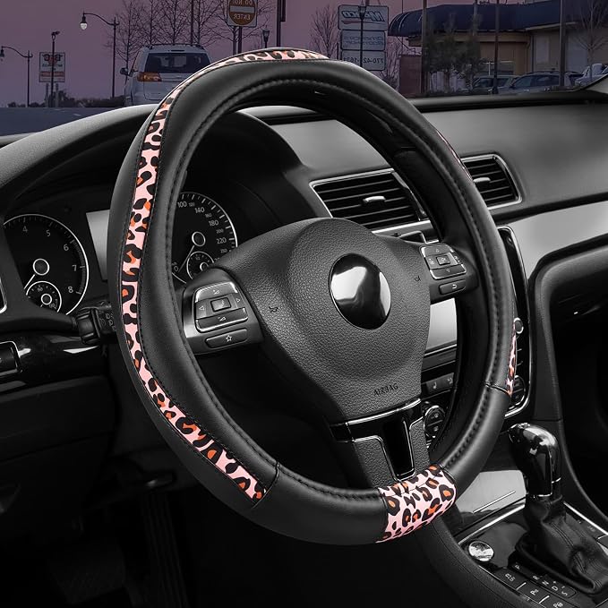 Road Comforts Steering Wheel Cover - Made with PVC Leather and Leopard Fabric - Universal 14 1/2 inches to 15 inches for Most Automotive Steering Wheel - Cheetah Print - Pink Leapord