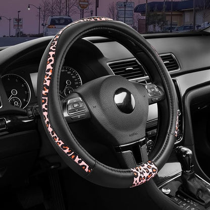 Road Comforts Steering Wheel Cover - Made with PVC Leather and Leopard Fabric - Universal 14 1/2 inches to 15 inches for Most Automotive Steering Wheel - Cheetah Print - Pink Leapord