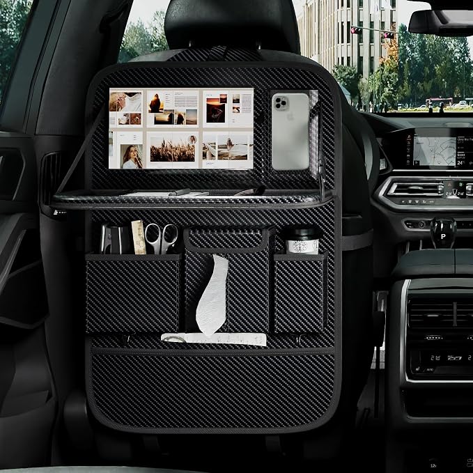 GMQ Back Seat Car Organizer 1 Pack,Backseat Organizer with Tray,Multifunctional Car Seat Back Storage Box with Foldable Tablet Holder (Carbon Black, Weave)