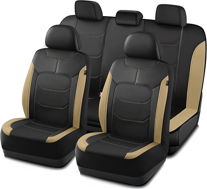 Road Comforts Seat Covers, Premium Leather Car Seat Covers Full Set,Airbag Compatible, Automotive Seat Covers Universal Fit Most Cars,Vans,Truck,SUV, Beige