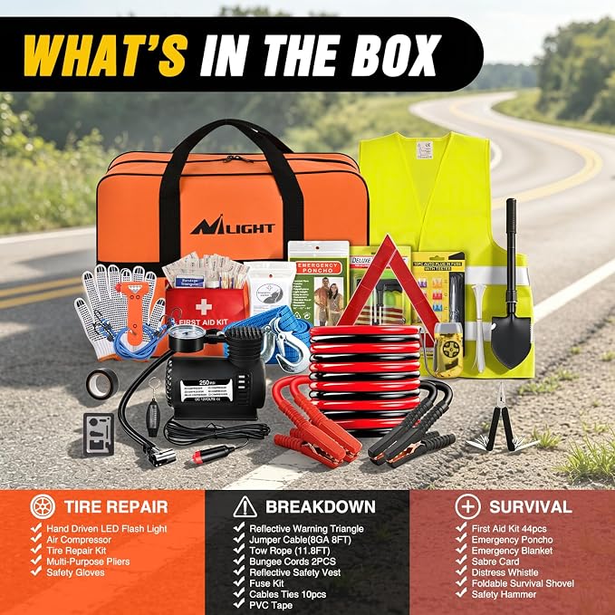 Nilight Car Emergency Kit with Jumper Cable, First Aid Kit Safety Assistance Tools for Travel Camping Outdoor Cars Truck SUV RV, Roadside Essentials with Flash Light