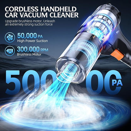 Cordless Handheld Car Vacuum Cleaner, 50,000Pa High-Power Brushless Motor, Rechargeable Dust Buster with 2 Batteries & Charger, 6-in-1 Portable Vacuum Cleaners for Home, Pet Hair, Black