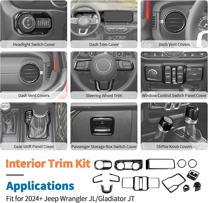 JeCar 14-Piece Black Carbon Fiber Interior Trim Kit for 2024 2025+ Jeep Wrangler JL JLU Gladiator JT - Center Console Dash Interior Decoration Accessories