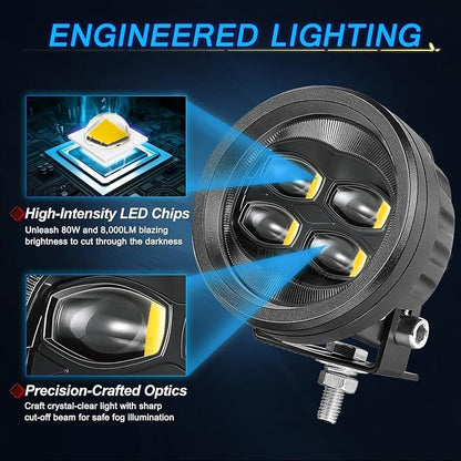 SAE Yellow Fog Lights, ACEC SHOP 2PCS 80W 3.5 Inch Round LED Fog Light Bars DOT Approved Street Legal Amber Pods Off Road Driving Light for Truck Pickup Wrangler Tacoma Tundra F150 UTV SUV Motorcycle