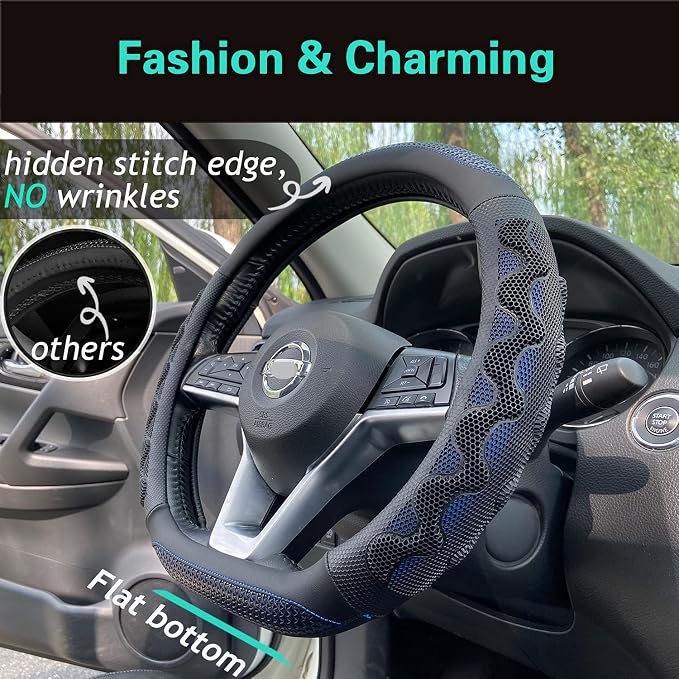 PINCTROT D Shaped 14.5-15 Inch Steering Wheel Cover Great Grip with 3D Honeycomb Anti-Slip Design, Flat Bottom 14.5-15 Inch (Blue)