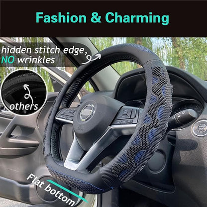 PINCTROT D Shaped 14.5-15 Inch Steering Wheel Cover Great Grip with 3D Honeycomb Anti-Slip Design, Flat Bottom 14.5-15 Inch (Blue)