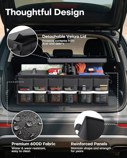 HOTOR Car Trunk Organizer - Trunk Organizer for SUV with Removable Cooler Bag, Foldable Cover, 3 Compartment Car Storage Essential Car Accessories for Truck, Van & Sedan, Black, 33.1" x 12.6" x 11.0"