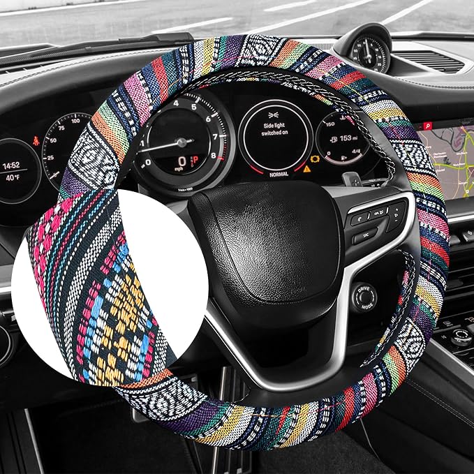 Boho Car Steering Wheel Cover, Ethnic Style Anti-Slip Coarse Flax Cloth Auto Wheel Cover, Bohemian Steering Wheel Protector for Most SUVs Vans Trucks, Car Accessories (Style B)