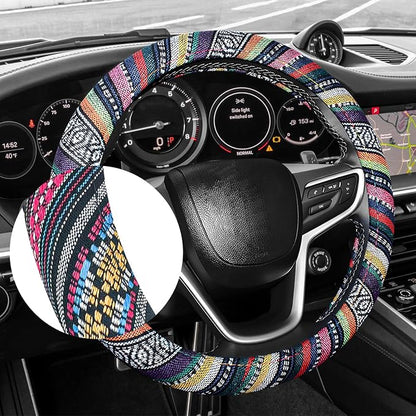 Boho Car Steering Wheel Cover, Ethnic Style Anti-Slip Coarse Flax Cloth Auto Wheel Cover, Bohemian Steering Wheel Protector for Most SUVs Vans Trucks, Car Accessories (Style B)