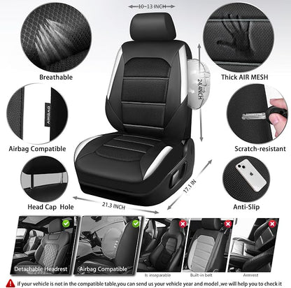 CAR PASS Memory Foam Car Seat Covers,Air Cool Mesh Thick Seat Covers Front Seats,White Leather Seat Covers for Car,Universal Automotive Comfort for Most Cars,SUV,Trucks,Airbag Compatible,Black White