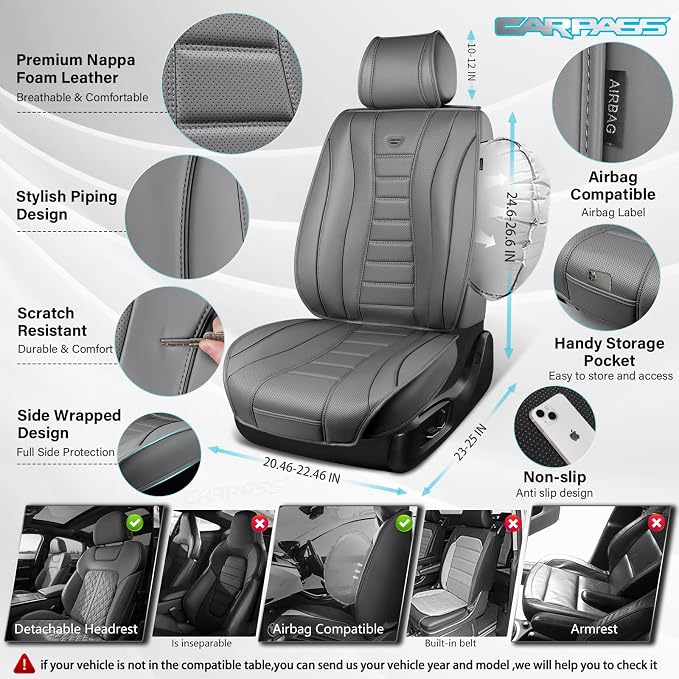 CAR PASS Nappa Leather Seat Covers, Universal FIT Piping Leather Car Seat Covers Full Set for Cars,SUV,Truck 3D Foam Waterproof Luxury Seat Covers 5 Seats, Comfort Durable Airbag Compatible All Gray