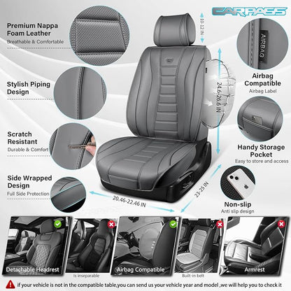 CAR PASS Nappa Leather Seat Covers, Universal FIT Piping Leather Car Seat Covers Full Set for Cars,SUV,Truck 3D Foam Waterproof Luxury Seat Covers 5 Seats, Comfort Durable Airbag Compatible All Gray
