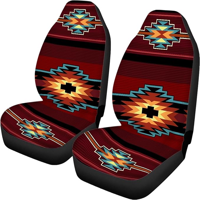 Southwest Native American Tribal Car Seat Covers Full Set,Aztec Red Print Navajo Design Vehicle Front Rear Bench Cushion Protectors Auto Interior Accessories Universal Fit for Trucks Sedans