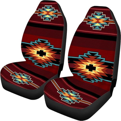 Southwest Native American Tribal Car Seat Covers Full Set,Aztec Red Print Navajo Design Vehicle Front Rear Bench Cushion Protectors Auto Interior Accessories Universal Fit for Trucks Sedans