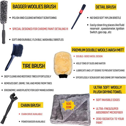 oesee Motorcycle Cleaning Kit 6 Pack Design for Chrome, Woolies Brush, Wool Wash Mitt, Tire&Chain Brush, Detailing Brush& Ultra Plush Towel for Motorcycle& Bike Chrome Painted, Rims, Exhaust, Surface