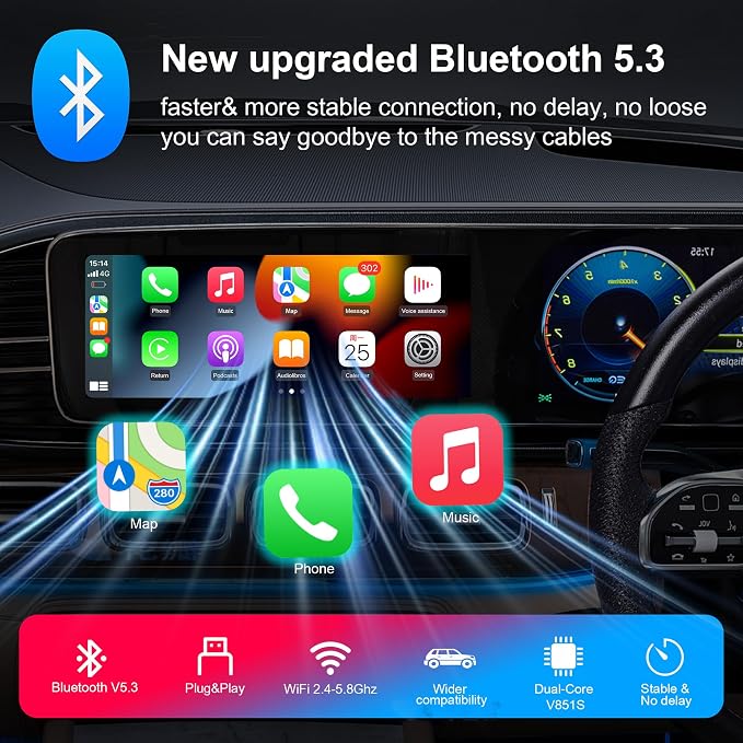2025 Upgraded Wireless Carplay Adapter for iPhone, Plug&Play Auto-Connected Carplay Wireless Adapter Stable Fit for Cars-No Latency, BT5.3 CarPlay Dongle for Apple iPhone iOS 10+,Silver