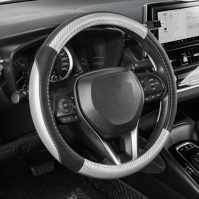 SEG Direct Car Steering Wheel Cover for Prius Civic Model 3 Model Y Camaro, Small Size 14-14.25 inch, Auto Interior Accessories, Black with Sliver Carbon Fiber Pattern