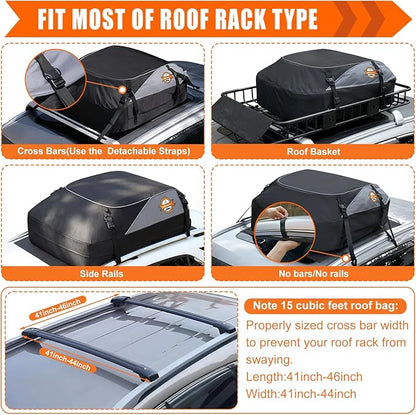 Sailnovo Rooftop Cargo Carrier Roof Bag,15 Cubic feet Soft Waterproof Car Roof Bag fit Cars with/Without Rack, 4 Tie-Down Straps, 4 Door Hooks, Foldable Car Top Carrier for Road Trip Camping Travel