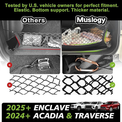 Muslogy Truck Bed Cargo Net Trunk Netting Compatible with 2024-2026 GMC Acadia | Chevy Traverse | 2025+ Buick Enclave Accessories, Pickup Cargo Organizer SUV Sedan Storage Net w/Heavy Duty Carabiners