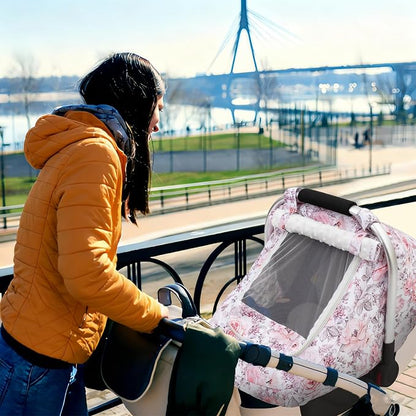Car Seat Cover Baby Girls, Mink Dot Carseat Covers for Newborn with Breathable Mesh and Sun Shade Window, Warm Stretchy Infant Car Seat Canopy Snug Fit Baby Carrier, Stroller