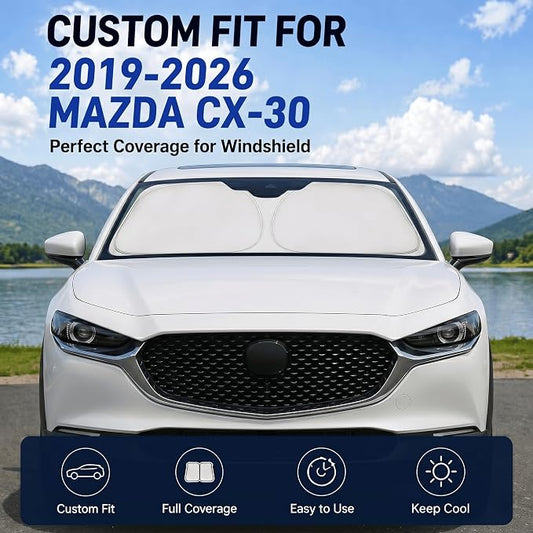 Custom Fit Windshield Sun Shade for Mazda CX30 CX-30 2019-2026 | Custom Fit Windshield Cover, Blocks UV Rays, Double-Layer Heat Shield, Durable Frame, Easy Fold & Storage