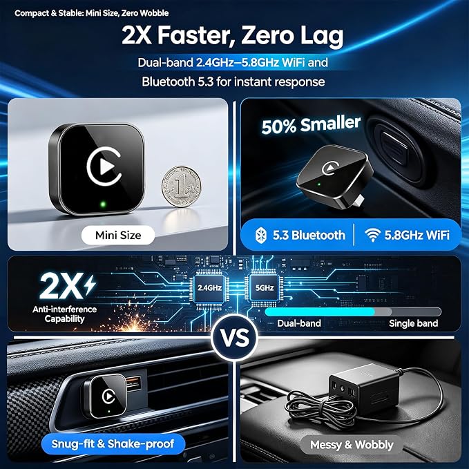 Upgraded Wireless CarPlay Adapter | Broader Compatibility & Reliable Connection, Supports iPhone & Android Phones, Compact Size for Stable CarPlay & Android Auto Linkage