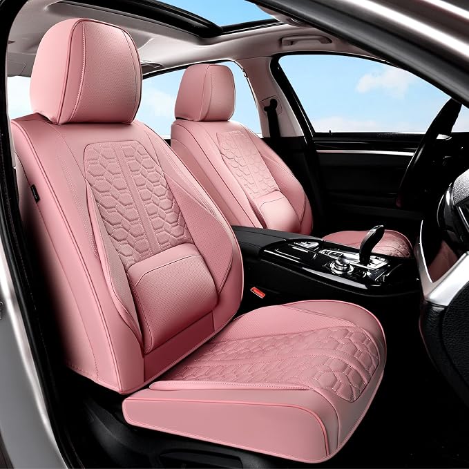 Huidasource Pink Car Seat Covers Front Seat, 360° Full Wrap Leather Seat Cushion Covers Universal Fit for Most Cars SUV Trucks, Automotive Seat Covers, Retain Functions, Protect Original Seat