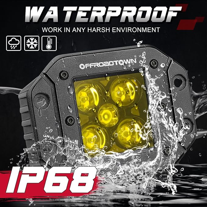 OFFROADTOWN 5 Inch Yellow Flush Mount LED Pods 2PCS 100W CREE LED Light Pods Spot Beam Off Road Driving Lights Fog Lights Reverse Lighting for Truck UTV ATV SUV Honda Chevy Boat