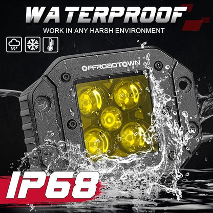 OFFROADTOWN 5 Inch Yellow Flush Mount LED Pods 2PCS 100W CREE LED Light Pods Spot Beam Off Road Driving Lights Fog Lights Reverse Lighting for Truck UTV ATV SUV Honda Chevy Boat